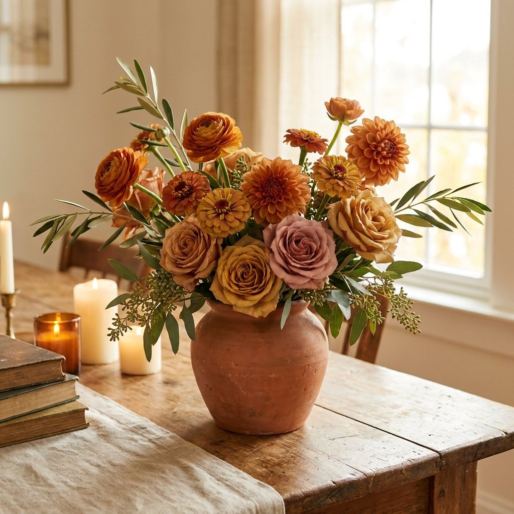 Elegante bloemstukken in terracotta tinten, gestyled op een houten tafel