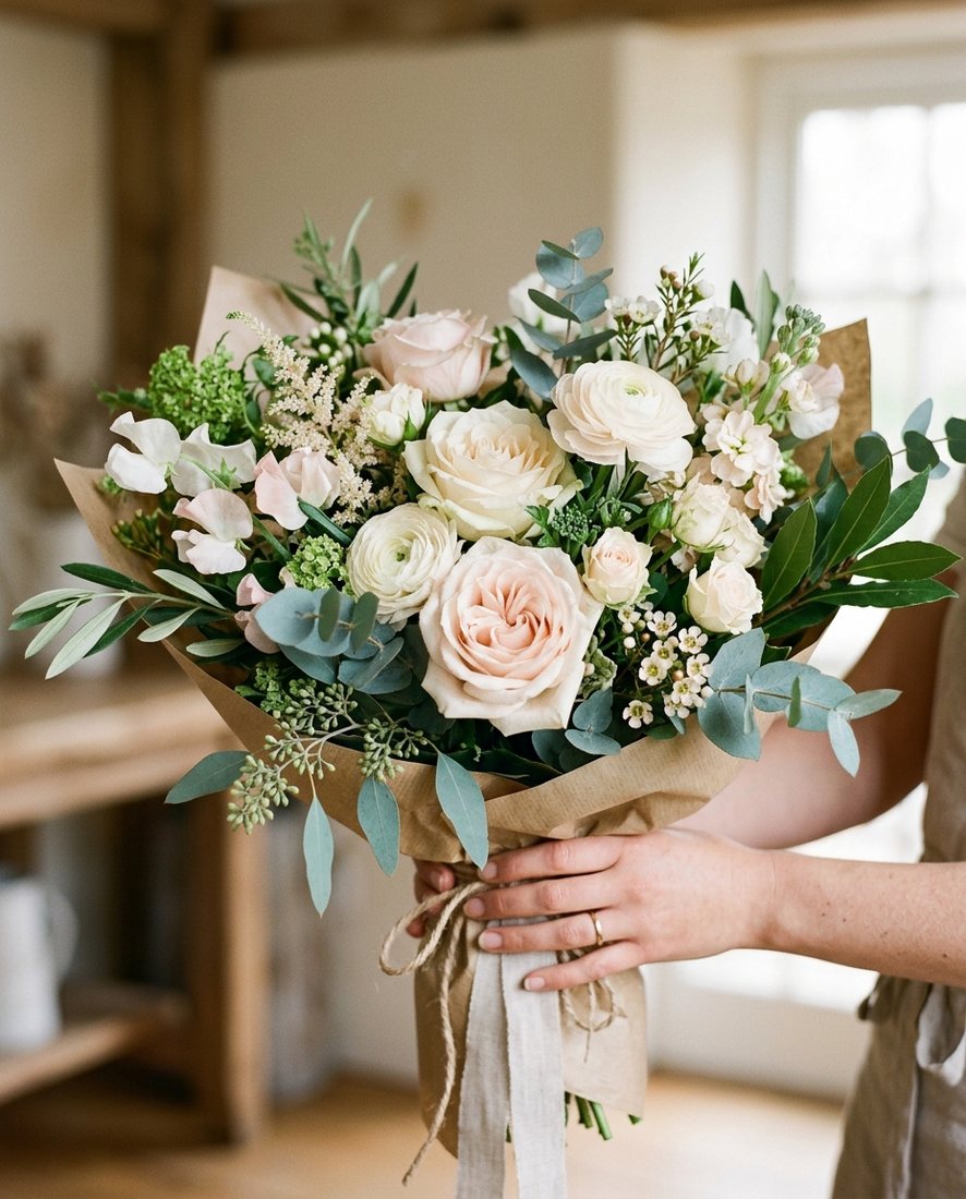 Hand-gebonden boeket in kraftpapier met witte en zachtroze bloemen