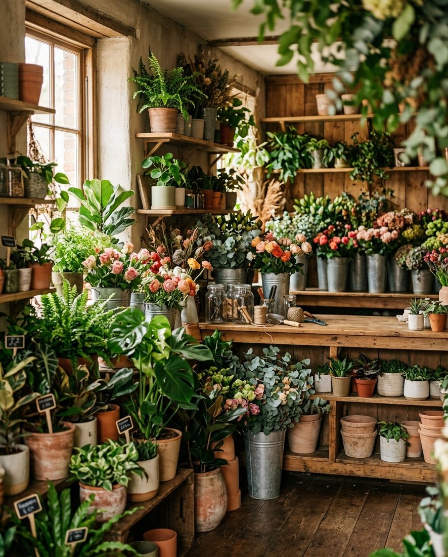 Gezellig interieur van een kleine bloemen- en plantenwinkel met houten schappen en verse boeketten